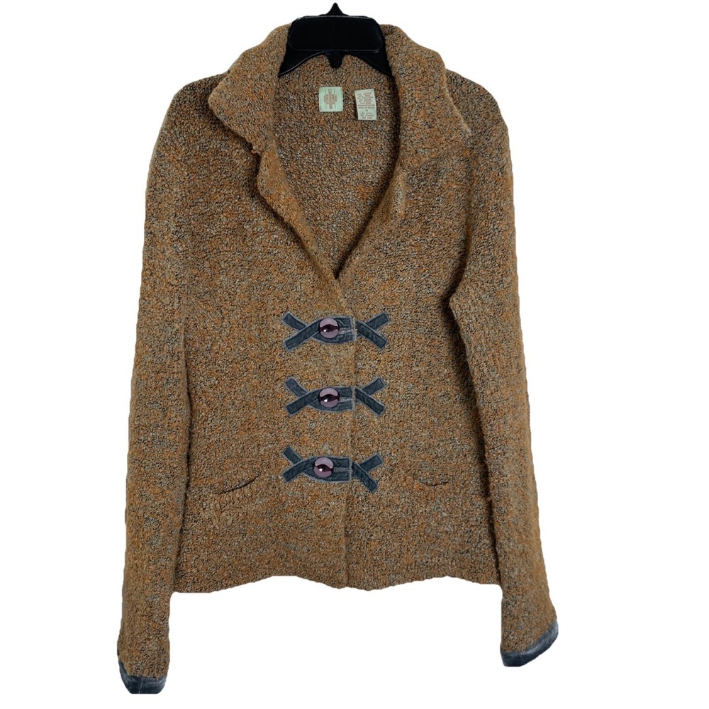 HWR Anthropologie Brown Orange Wool Boucle Blazer Sweater Blue Velvet Trim Sz M - Picture 1 of 7